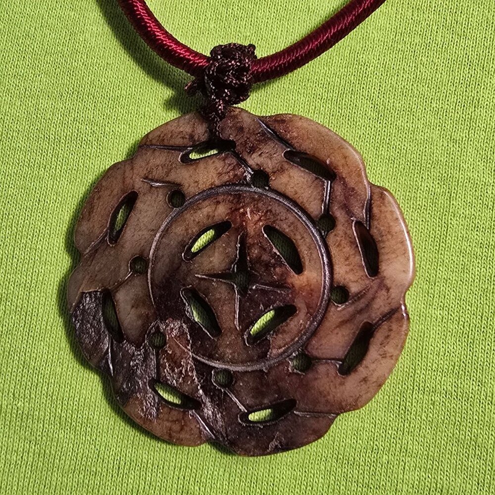 Hand-Carved Floral Jadeite Pendant Necklace With Adjustable Burgundy Cord - Picture 7 of 10
